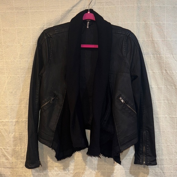 Free People Jackets & Blazers - Free People Black Leather Jacket with Scarf Detail